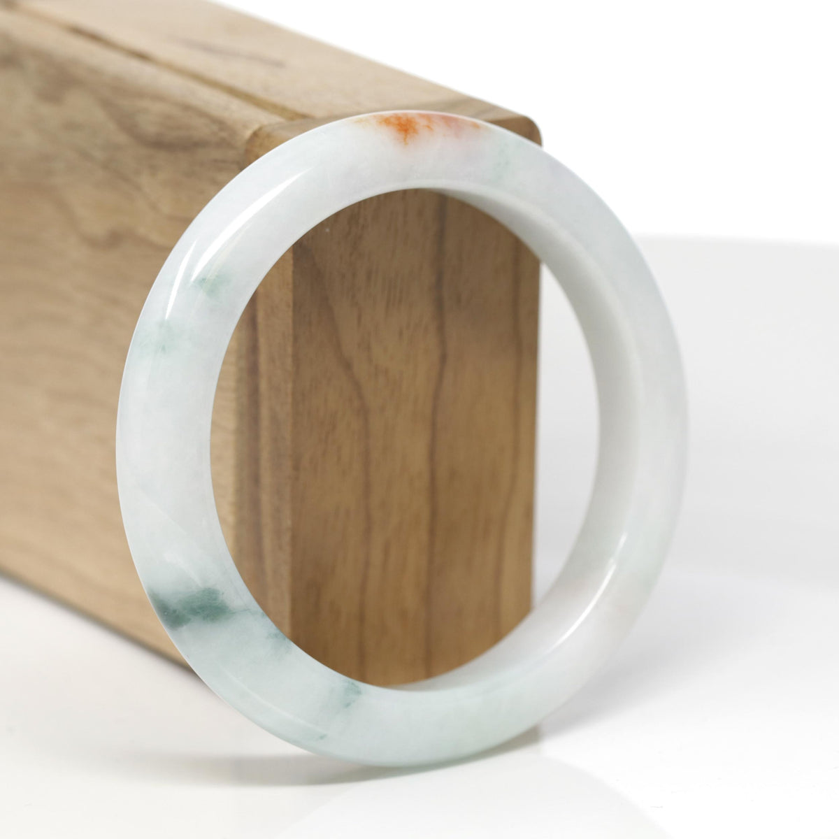 Baikalla Natural Light Green W/ Sajin &amp; Blue-Green Flower Patches Jadeite Jade "Half Round" Bangle Bracelet (55.5mm) 