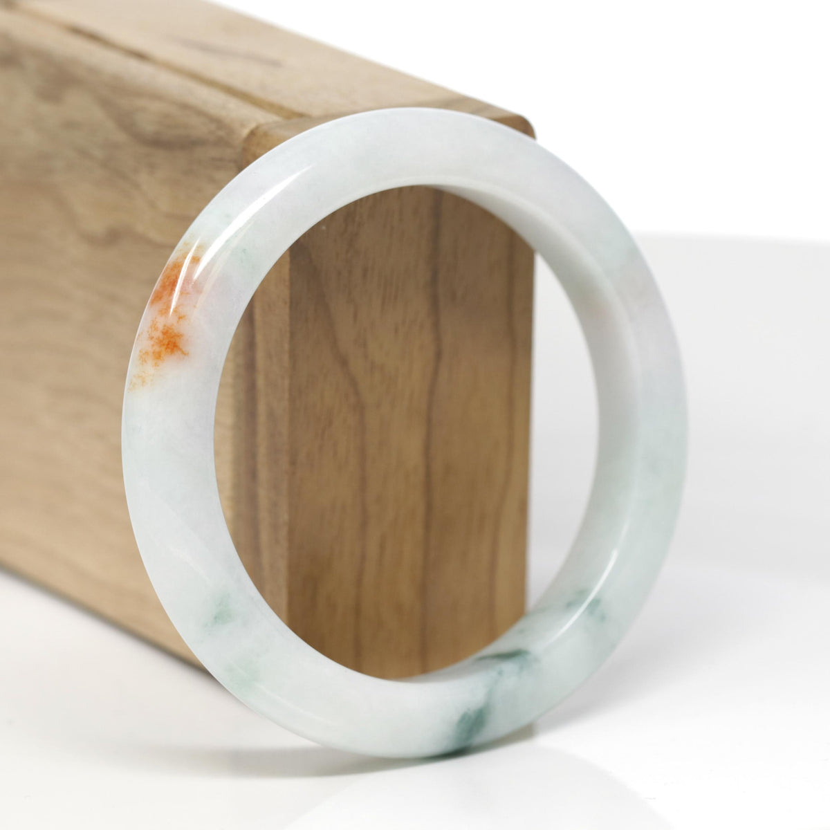 Baikalla Natural Light Green W/ Sajin &amp; Blue-Green Flower Patches Jadeite Jade "Half Round" Bangle Bracelet (55.5mm) 