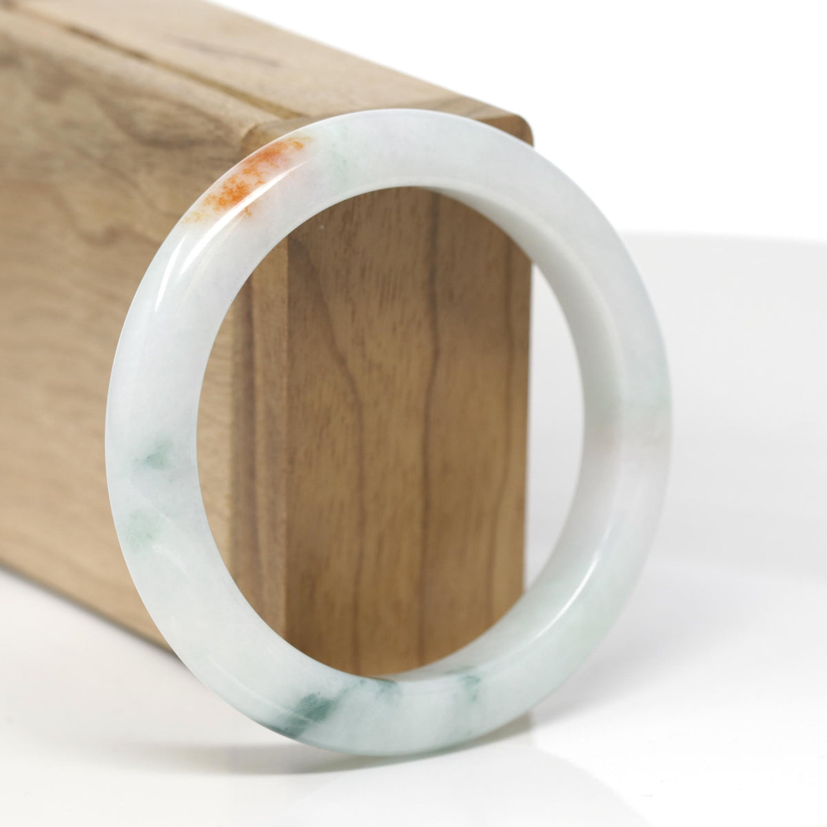Baikalla Natural Light Green W/ Sajin &amp; Blue-Green Flower Patches Jadeite Jade "Half Round" Bangle Bracelet (55.5mm) 