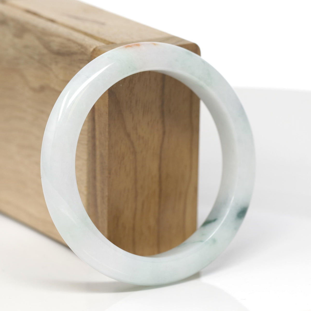 Baikalla Natural Light Green W/ Sajin &amp; Blue-Green Flower Patches Jadeite Jade "Half Round" Bangle Bracelet (55.5mm) 