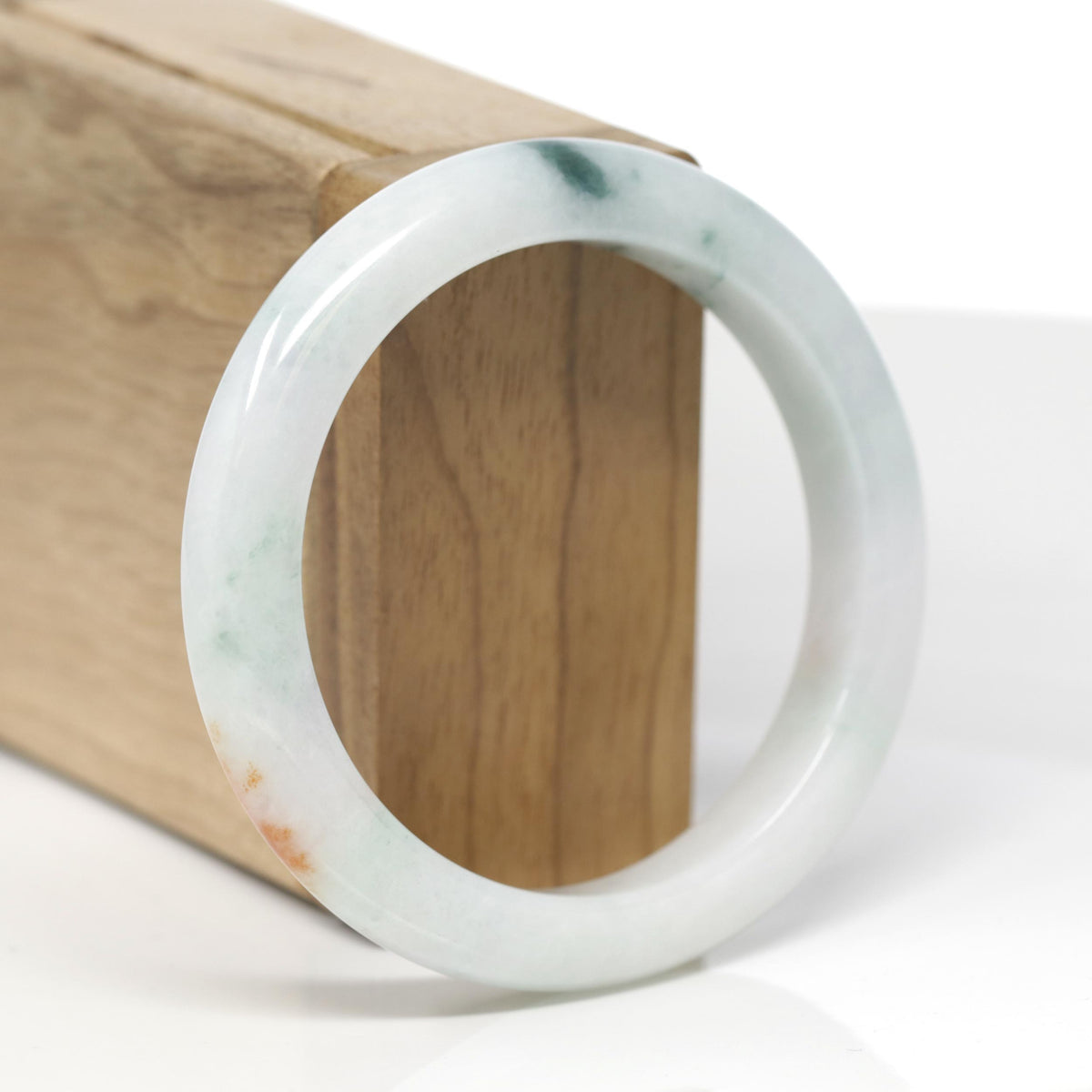 Baikalla Natural Light Green W/ Sajin &amp; Blue-Green Flower Patches Jadeite Jade "Half Round" Bangle Bracelet (55.5mm) 