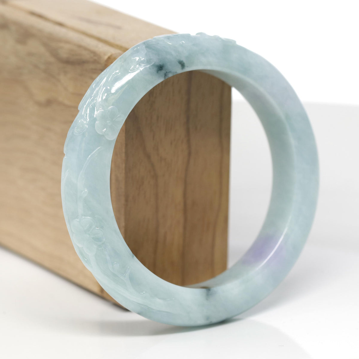 Baikalla Cherry Blossom Carving Natural Blue-Green &amp; Lavender Patch Jadeite Jade "Half Round" Bangle Bracelet (56.5mm) 