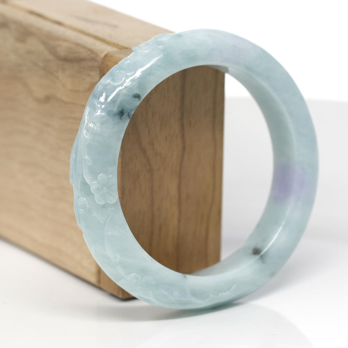 Baikalla Cherry Blossom Carving Natural Blue-Green &amp; Lavender Patch Jadeite Jade "Half Round" Bangle Bracelet (56.5mm) 