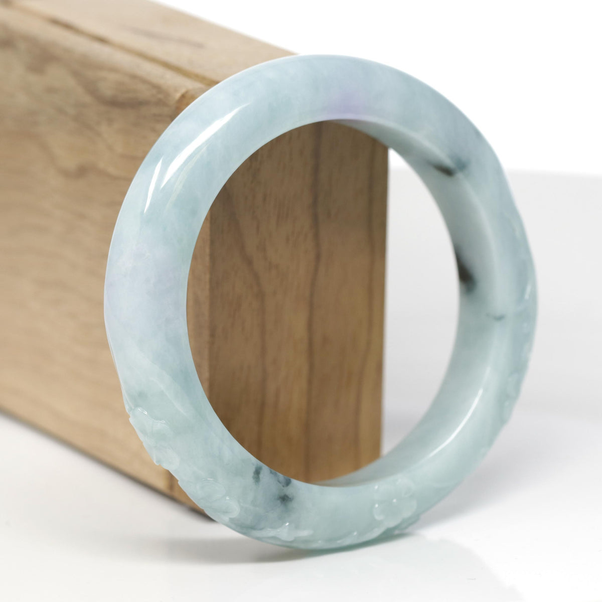 Baikalla Cherry Blossom Carving Natural Blue-Green &amp; Lavender Patch Jadeite Jade "Half Round" Bangle Bracelet (56.5mm) 