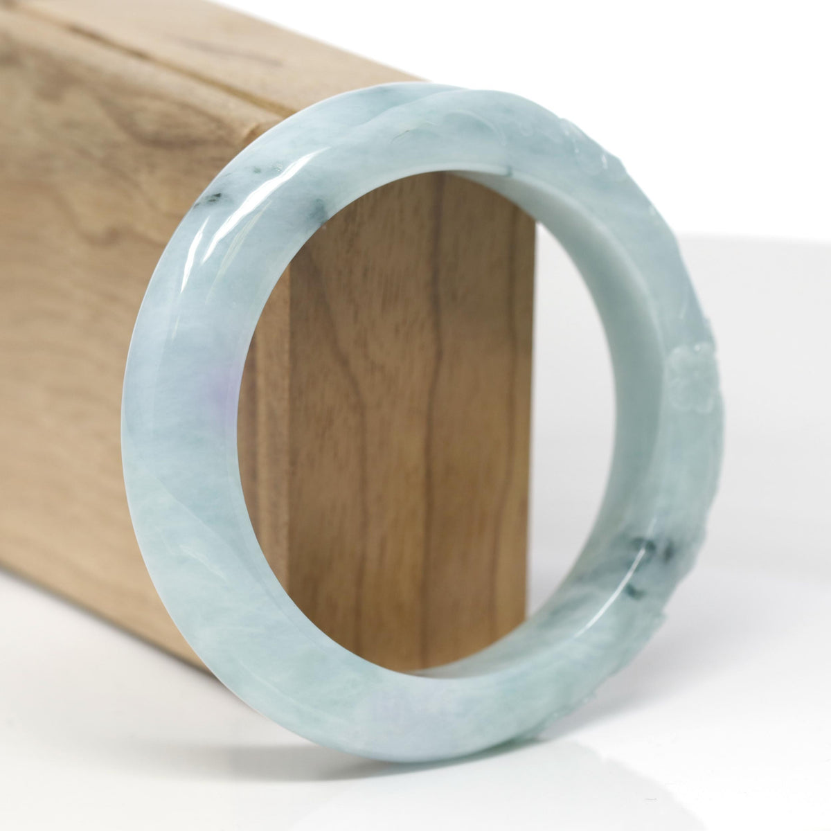 Baikalla Cherry Blossom Carving Natural Blue-Green &amp; Lavender Patch Jadeite Jade "Half Round" Bangle Bracelet (56.5mm) 
