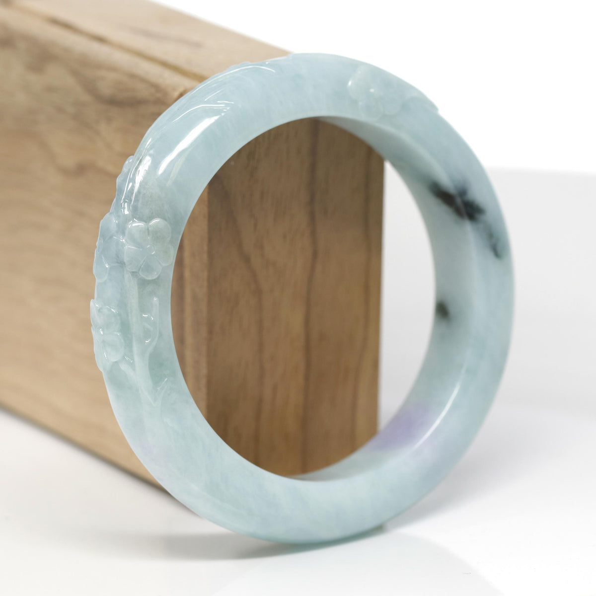 Baikalla Cherry Blossom Carving Natural Blue-Green &amp; Lavender Patch Jadeite Jade "Half Round" Bangle Bracelet (56.5mm) 