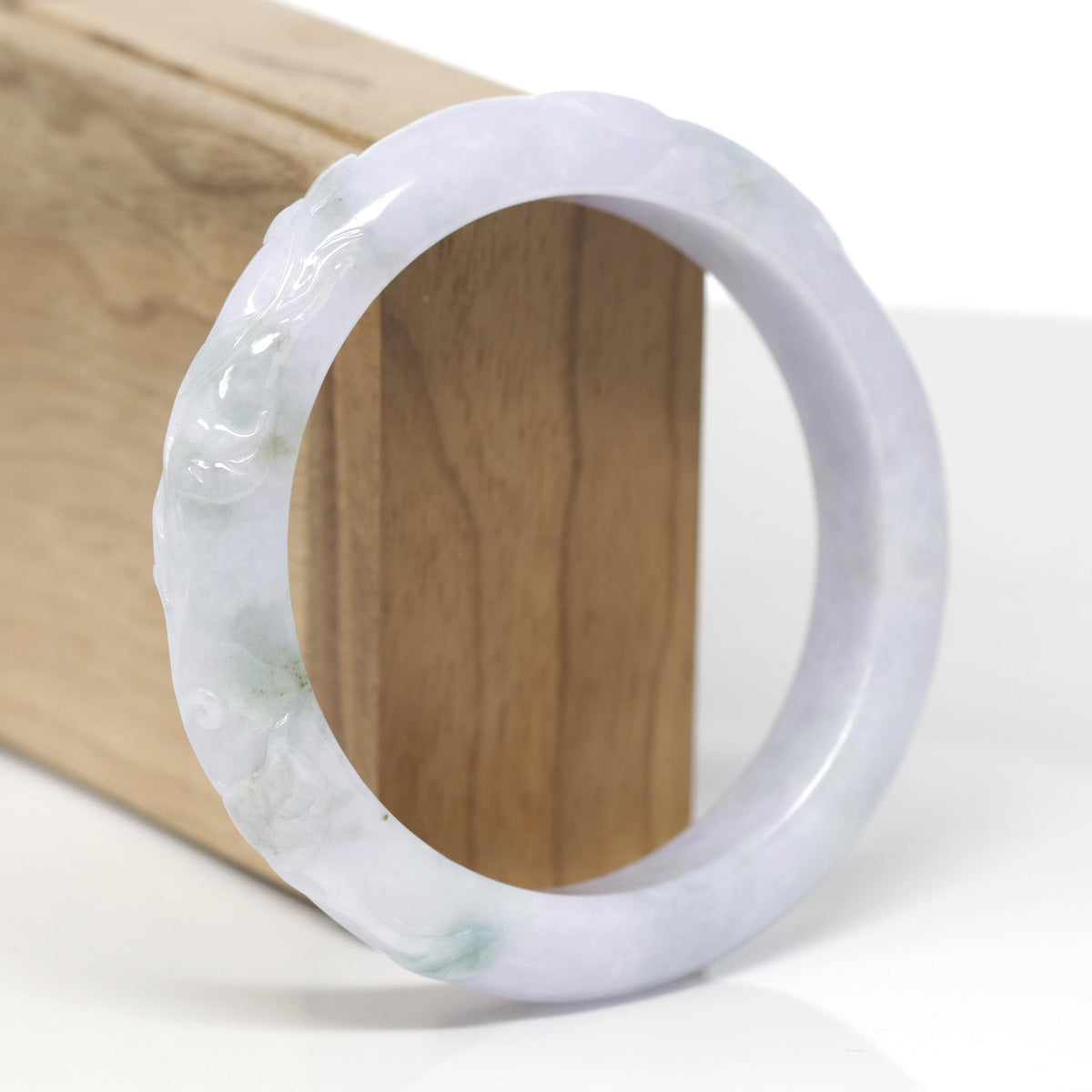Baikalla Trailing Vine Leaf Carving Natural Light Lavender &amp; Green Jadeite Jade "Half Round" Bangle Bracelet (59mm) 