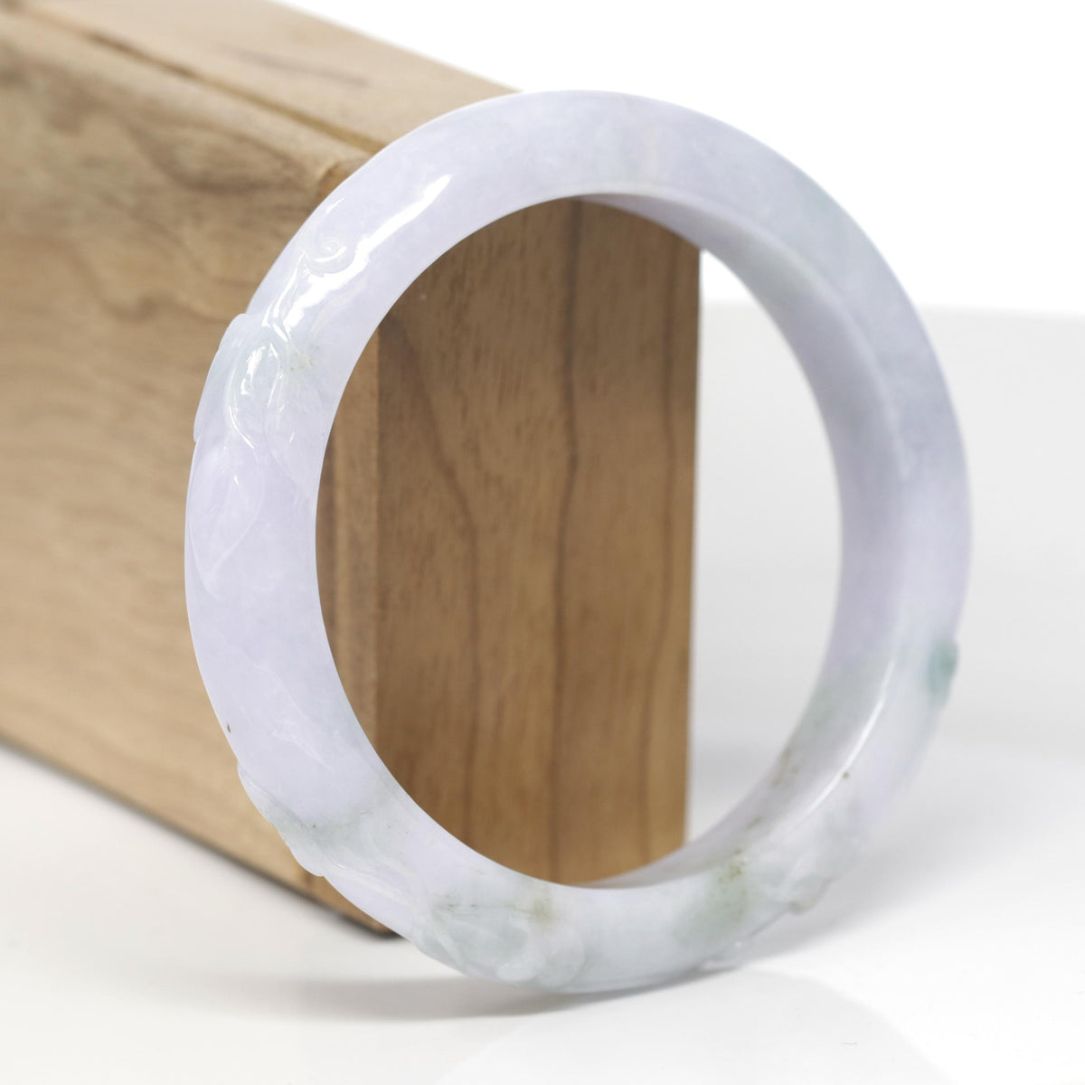 Baikalla Trailing Vine Leaf Carving Natural Light Lavender &amp; Green Jadeite Jade "Half Round" Bangle Bracelet (59mm) 