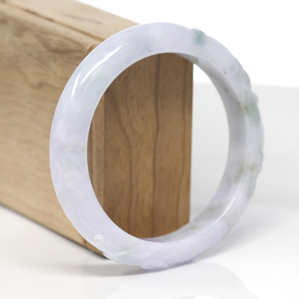 Baikalla Trailing Vine Leaf Carving Natural Light Lavender &amp; Green Jadeite Jade "Half Round" Bangle Bracelet (59mm) 
