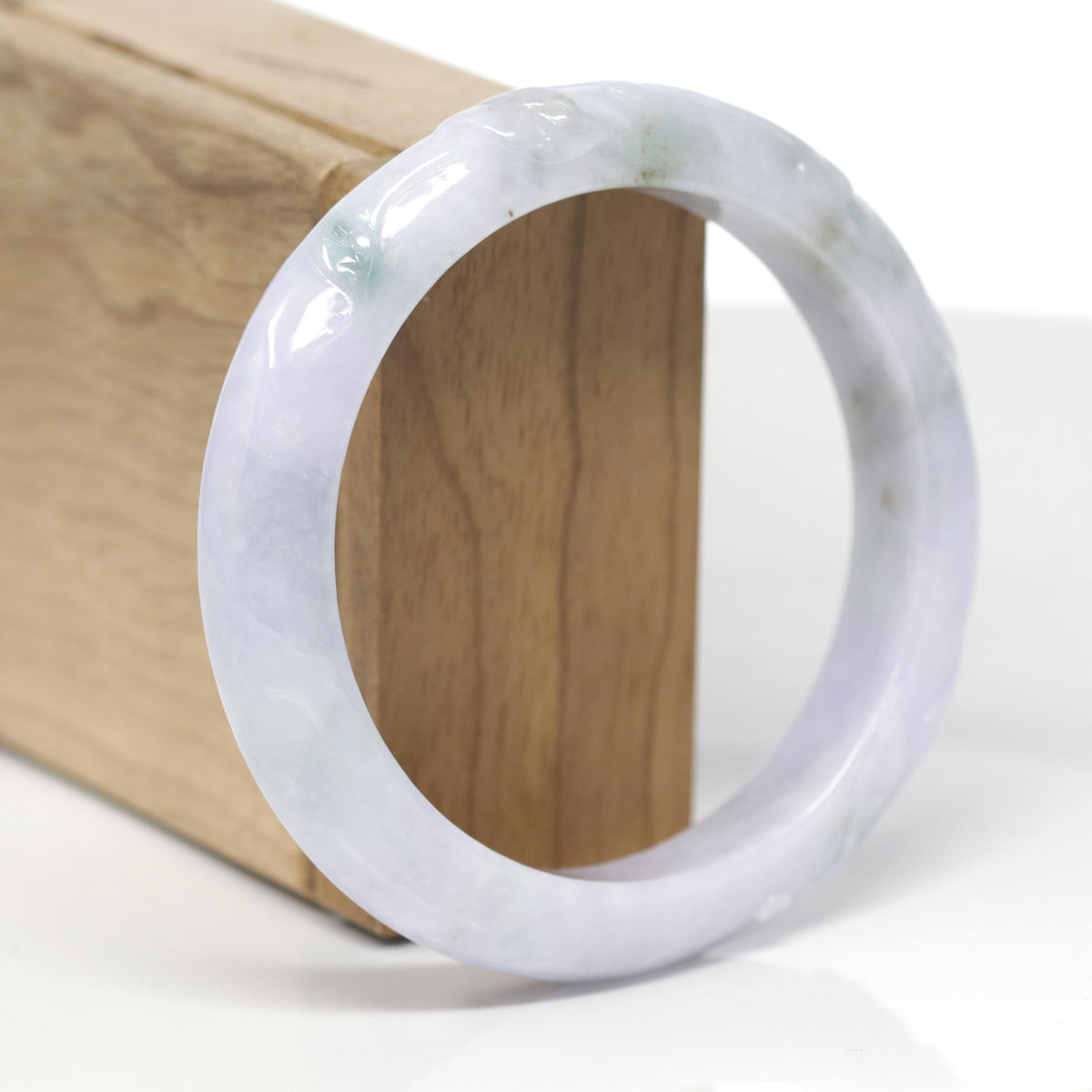 Baikalla Trailing Vine Leaf Carving Natural Light Lavender &amp; Green Jadeite Jade "Half Round" Bangle Bracelet (59mm) 