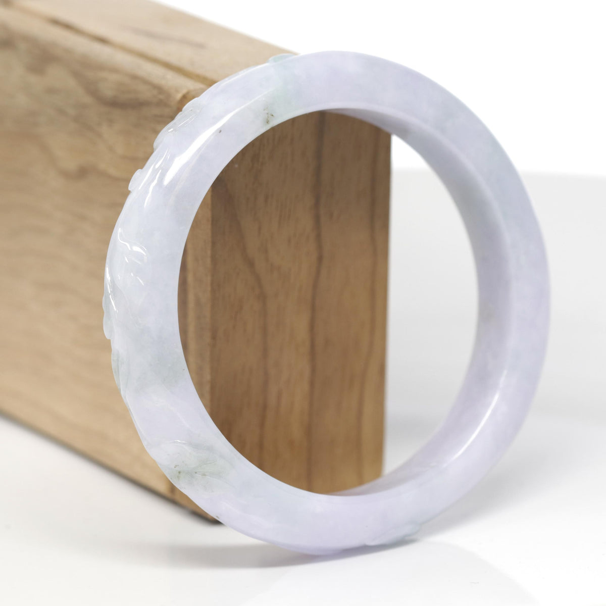 Baikalla Trailing Vine Leaf Carving Natural Light Lavender &amp; Green Jadeite Jade "Half Round" Bangle Bracelet (59mm) 
