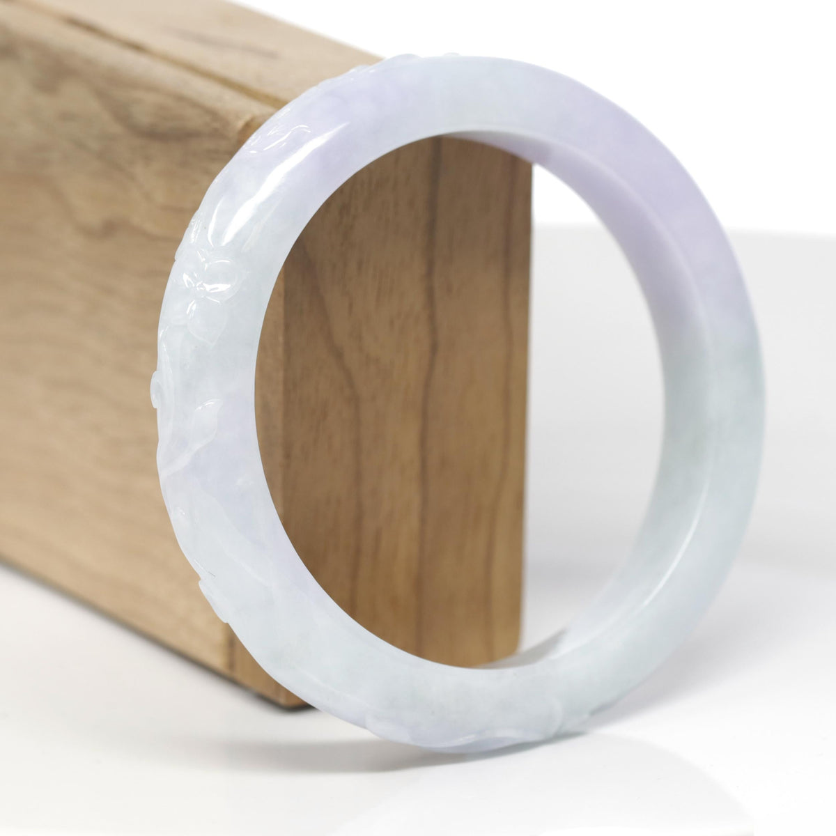 Baikalla Cherry Blossom Carving Natural Light Lavender &amp; Green Jadeite Jade "Half Round" Bangle Bracelet (59.6mm) 