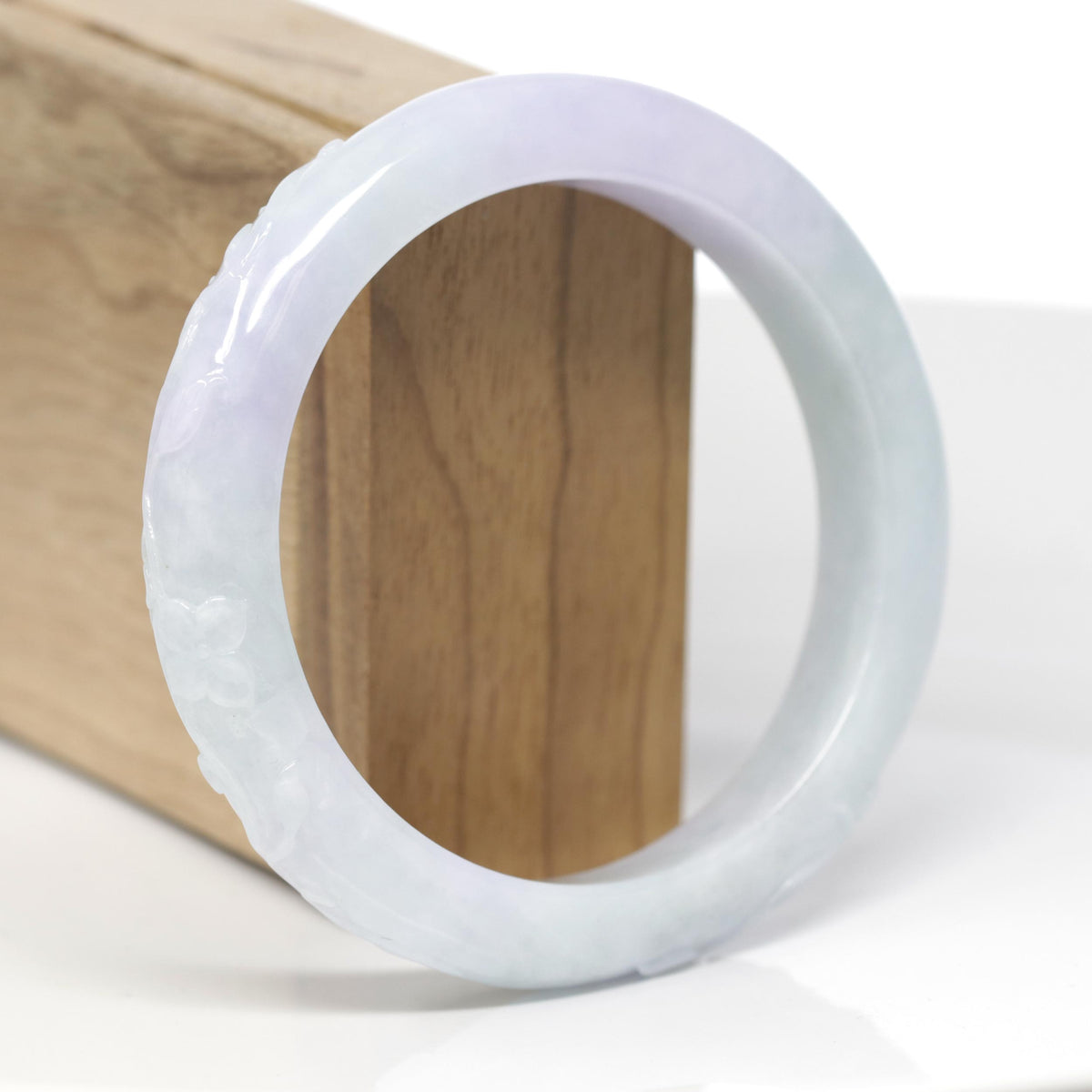Baikalla Cherry Blossom Carving Natural Light Lavender &amp; Green Jadeite Jade "Half Round" Bangle Bracelet (59.6mm) 