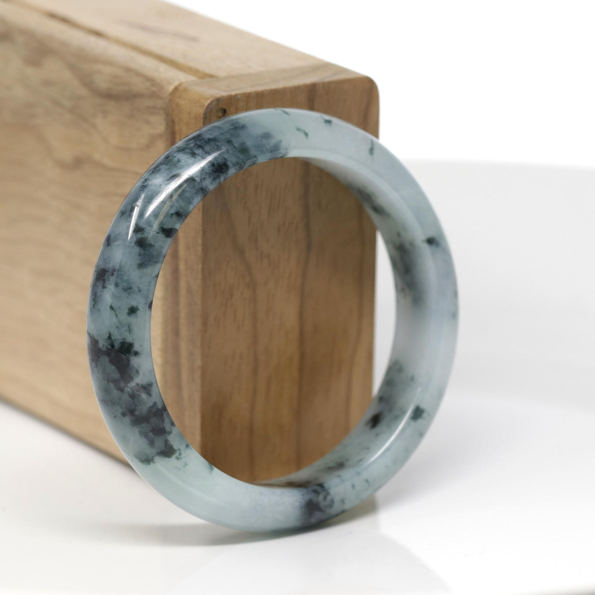 Baikalla Natural Blue-Green Flowers W/ Icy Patches Jadeite Jade "Half Round" Bangle Bracelet (51.8mm) 