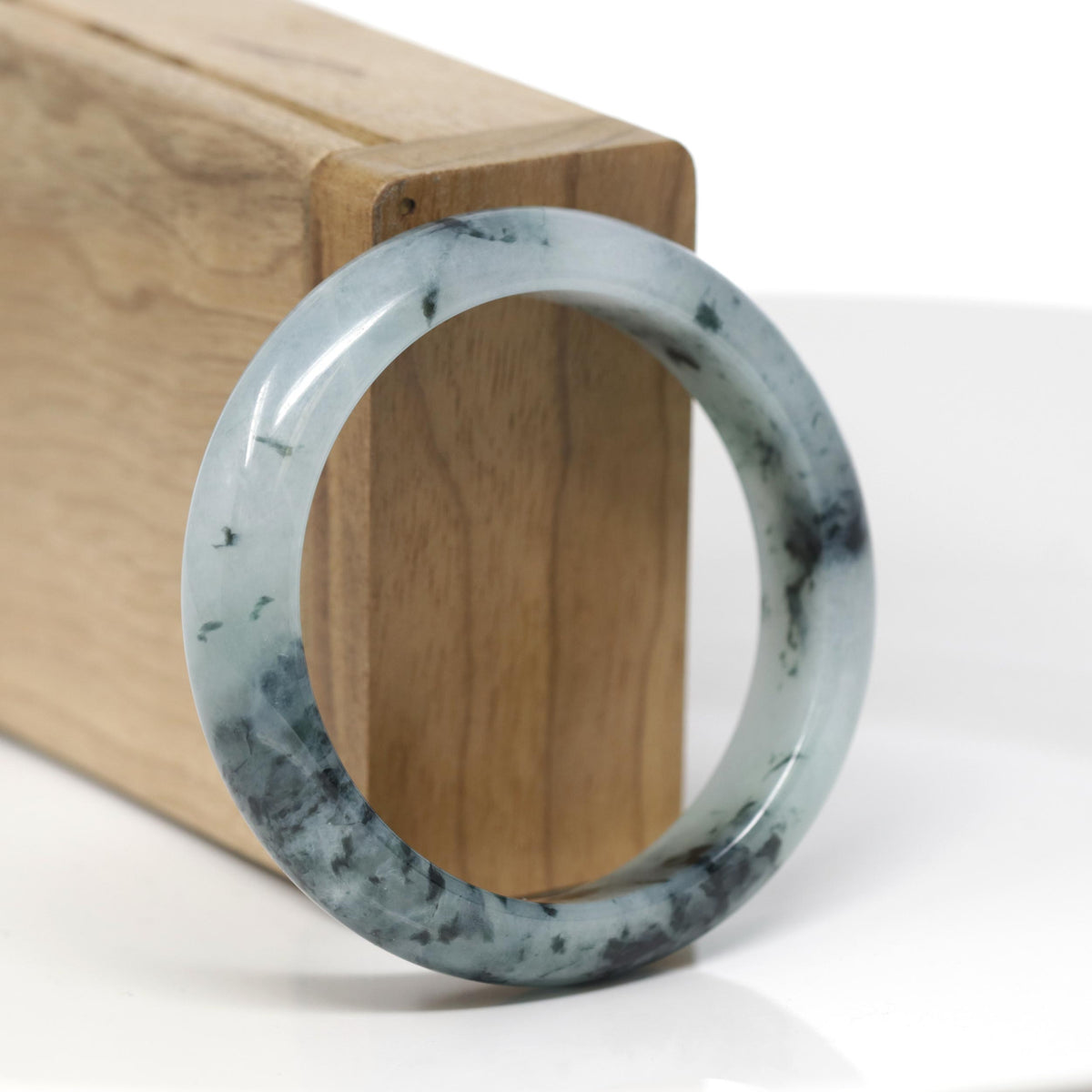 Baikalla Natural Blue-Green Flowers W/ Icy Patches Jadeite Jade "Half Round" Bangle Bracelet (51.8mm) 