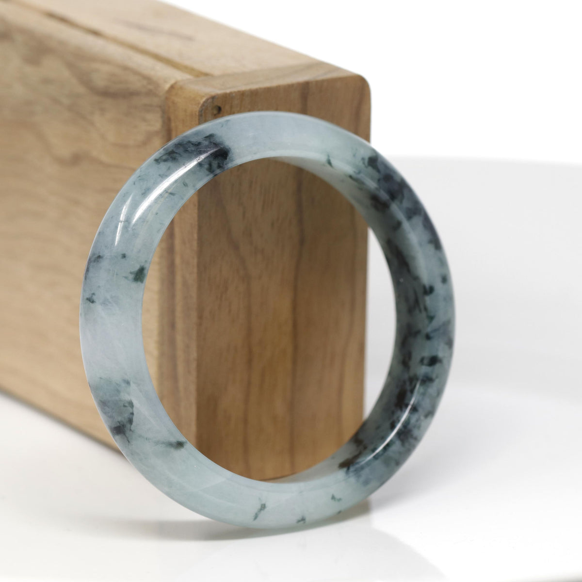 Baikalla Natural Blue-Green Flowers W/ Icy Patches Jadeite Jade "Half Round" Bangle Bracelet (51.8mm) 