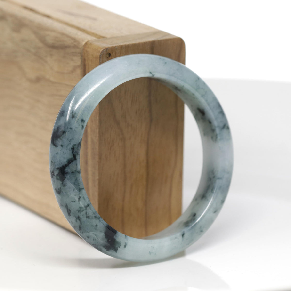 Baikalla Natural Blue-Green Flowers W/ Icy Patches Jadeite Jade "Half Round" Bangle Bracelet (51.8mm) 