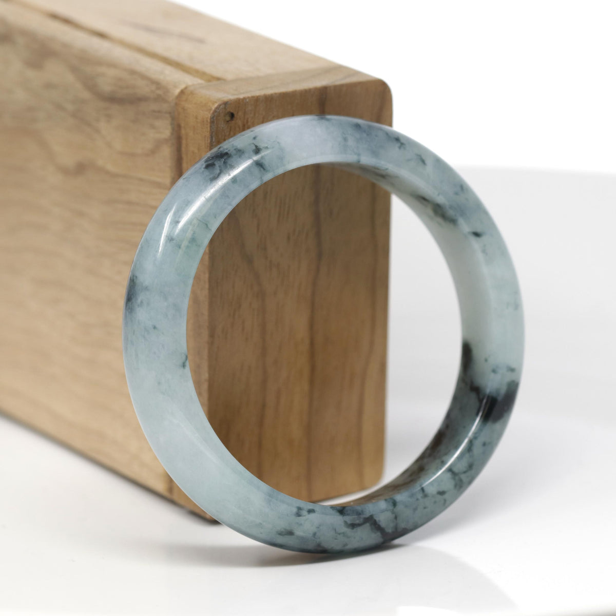 Baikalla Natural Blue-Green Flowers W/ Icy Patches Jadeite Jade "Half Round" Bangle Bracelet (51.8mm) 