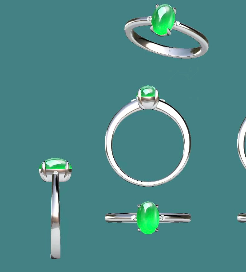 Custom 18kw Gold Natural Green Jadeite Jade Engagement Ring with Natural Diamond Accent