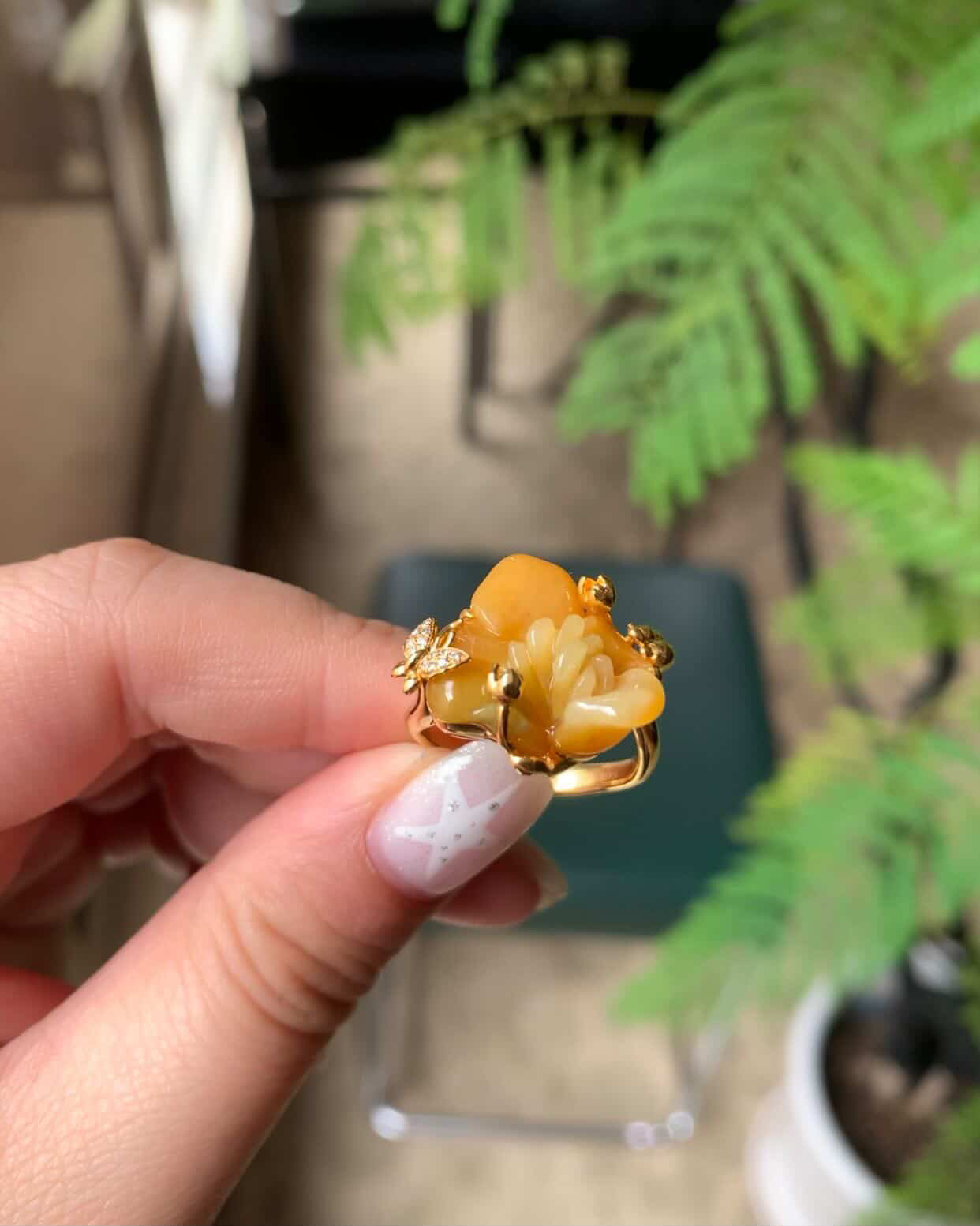 18K Yellow Gold Natural Yellow Jadeite Jade Flower Ring Diamonds And Gold Setting