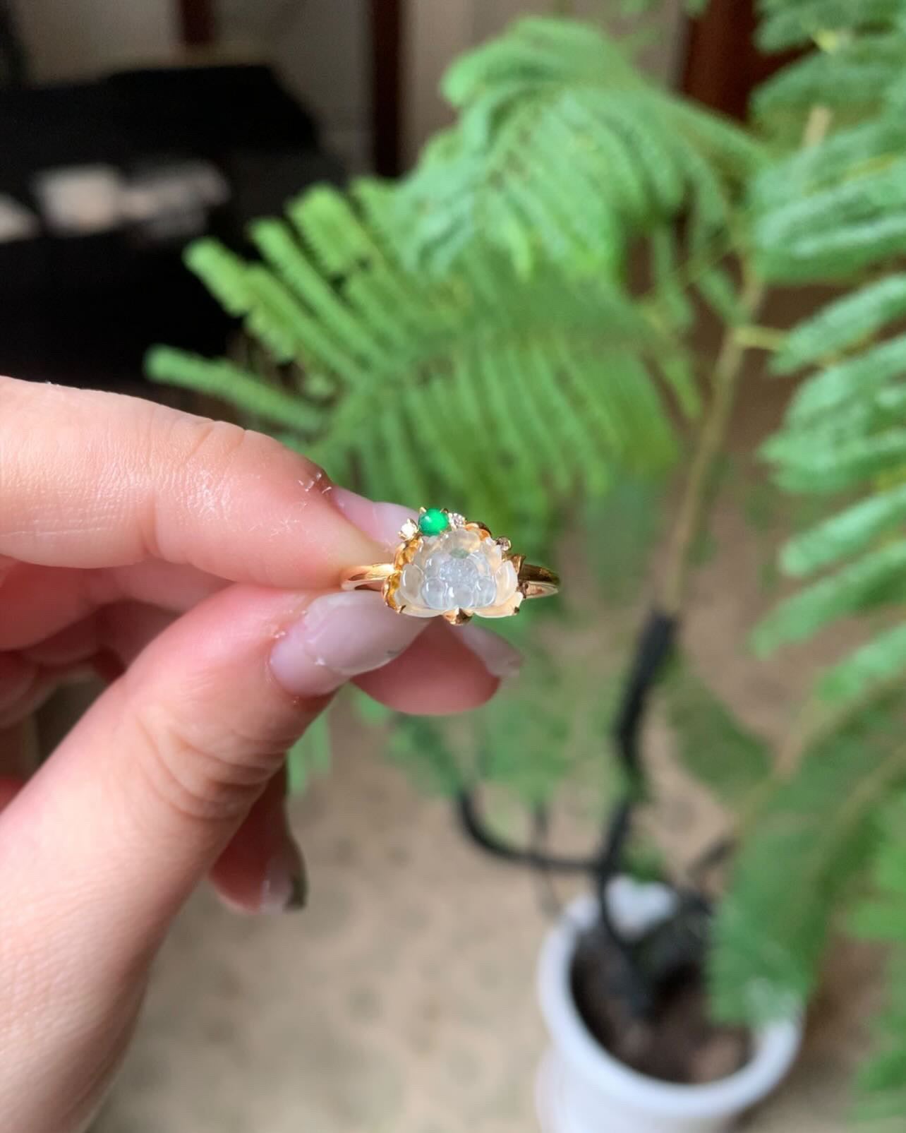 18K Yellow Gold Icy Jadeite Jade Lotus Ring Diamonds And Gold Setting