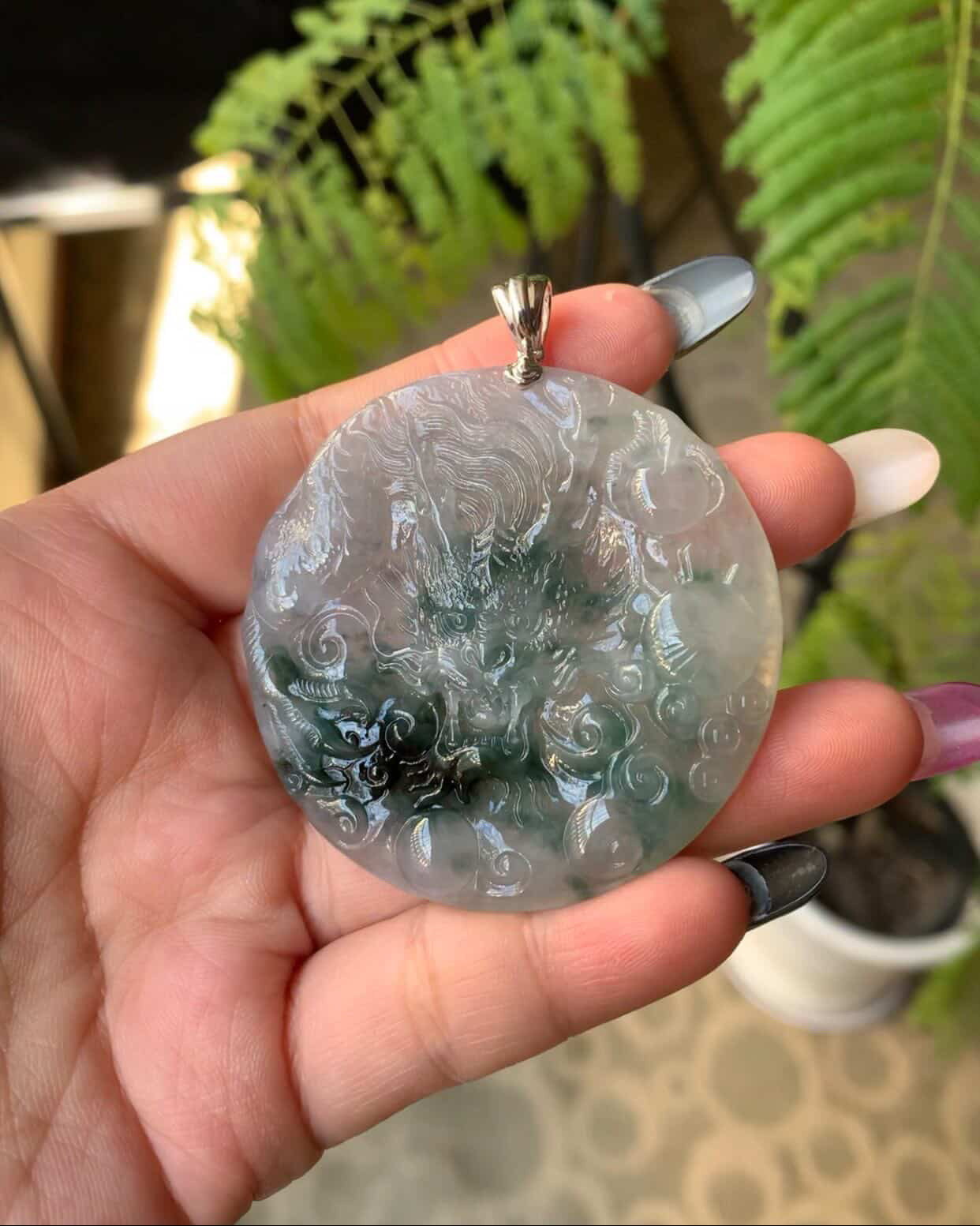 18K White Gold Natural Icy Blue Flower Jadeite Jade Dragon Pedant Simple Bail