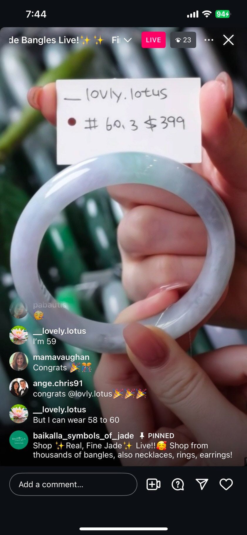 Baikalla IG Live "Light Lavender & Green Natural Jadeite Jade Bangle #60" (Live Pick) (12/17/24)