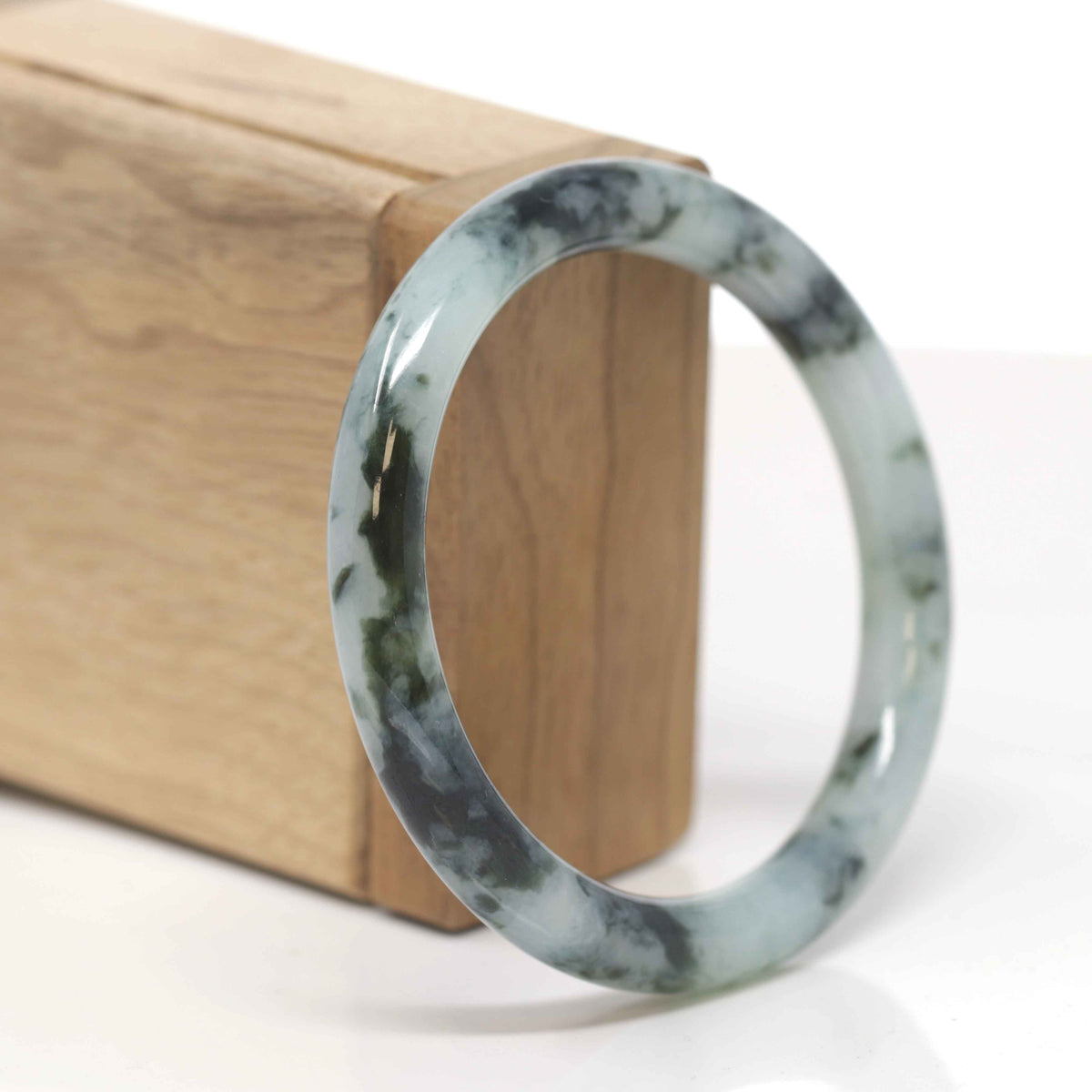 Baikalla Natural Deep Blue-Green Flowers Jadeite Jade "Traditional Round" Bangle Bracelet (57.5mm) 