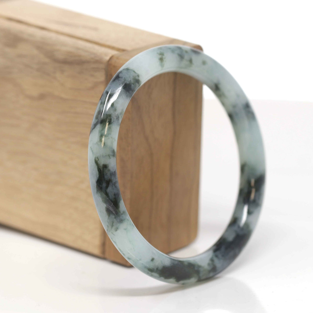 Baikalla Natural Deep Blue-Green Flowers Jadeite Jade "Traditional Round" Bangle Bracelet (57.5mm) 