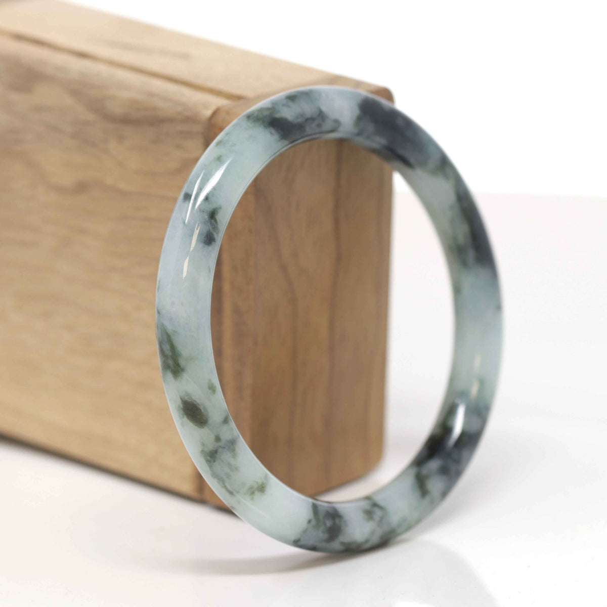 Baikalla Natural Deep Blue-Green Flowers Jadeite Jade "Traditional Round" Bangle Bracelet (57.5mm) 