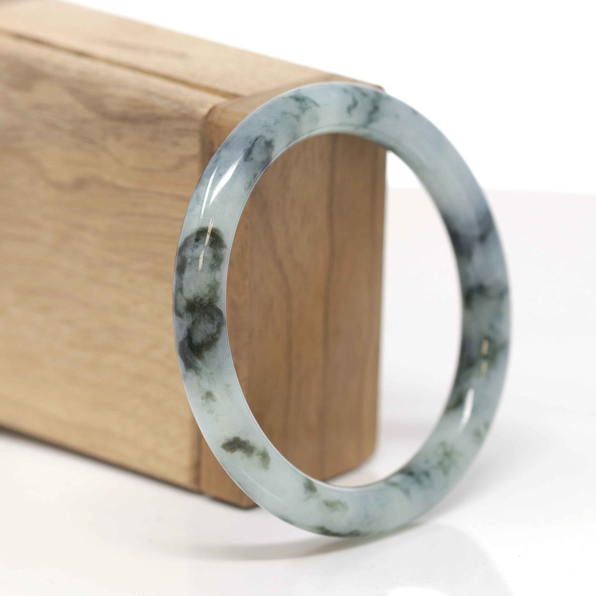 Baikalla Natural Deep Blue-Green Flowers Jadeite Jade "Traditional Round" Bangle Bracelet (57.5mm) 
