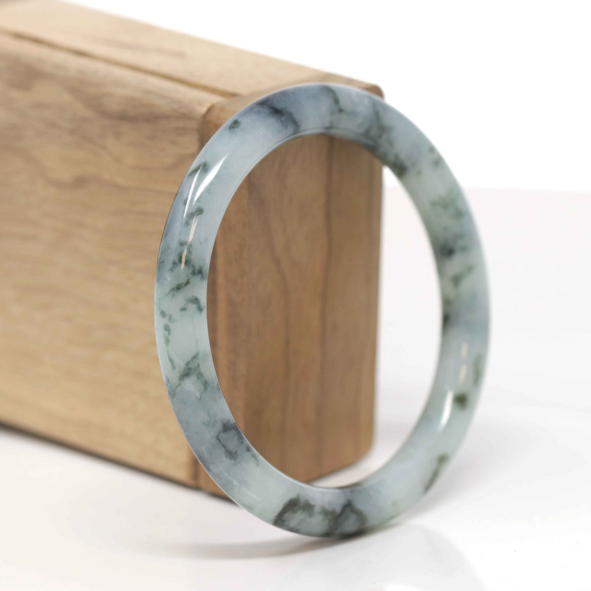 Baikalla Natural Deep Blue-Green Flowers Jadeite Jade "Traditional Round" Bangle Bracelet (57.5mm) 
