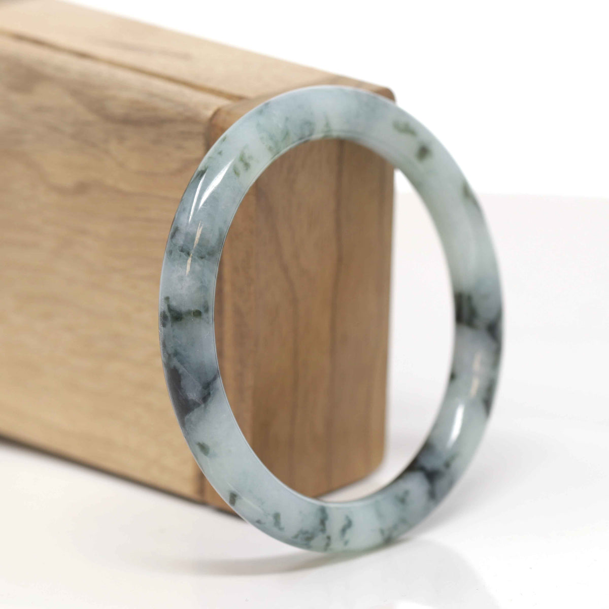 Baikalla Natural Deep Blue-Green Flowers Jadeite Jade "Traditional Round" Bangle Bracelet (57.5mm) 