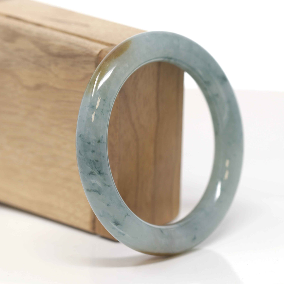 High-End Natural Icy Blue-Green Flower W/ Yellow-Brown Patches Jadeite Jade "Traditional Round" Bangle Bracelet (55.7mm) 