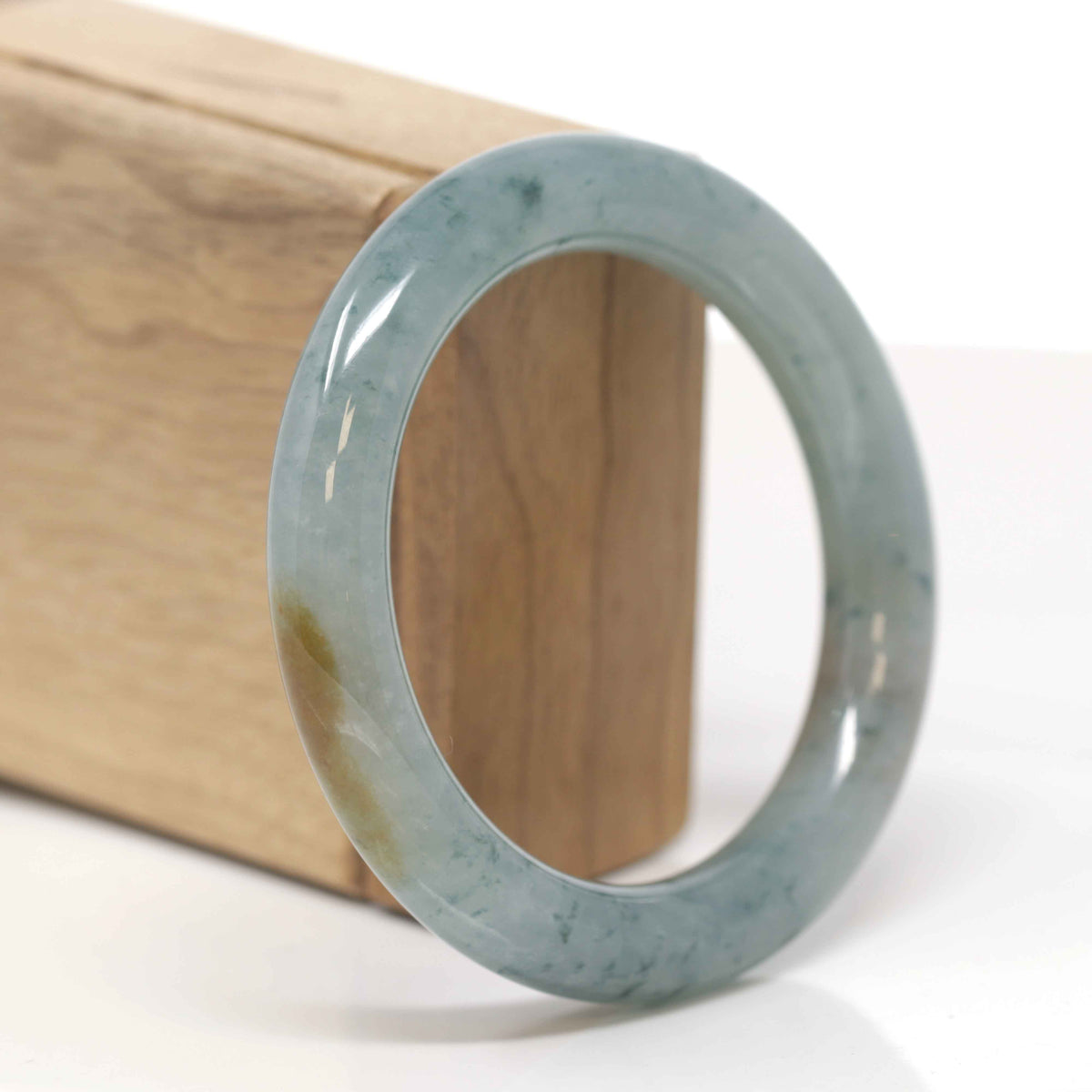 High-End Natural Icy Blue-Green Flower W/ Yellow-Brown Patches Jadeite Jade "Traditional Round" Bangle Bracelet (55.7mm) 