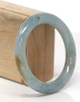 High-End Natural Icy Blue-Green Flower W/ Yellow-Brown Patches Jadeite Jade "Traditional Round" Bangle Bracelet (55.7mm) 