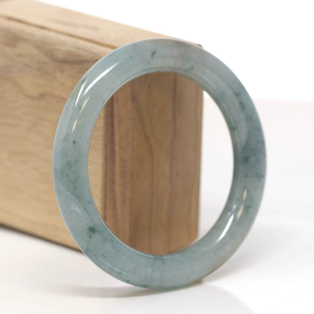 High-End Natural Icy Blue-Green Flower W/ Yellow-Brown Patches Jadeite Jade "Traditional Round" Bangle Bracelet (55.7mm) 