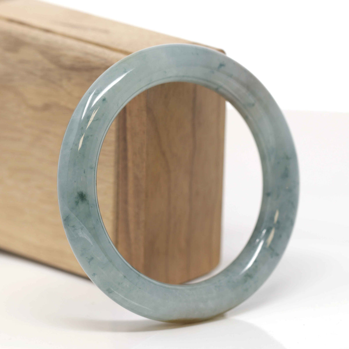 High-End Natural Icy Blue-Green Flower W/ Yellow-Brown Patches Jadeite Jade "Traditional Round" Bangle Bracelet (55.7mm) 