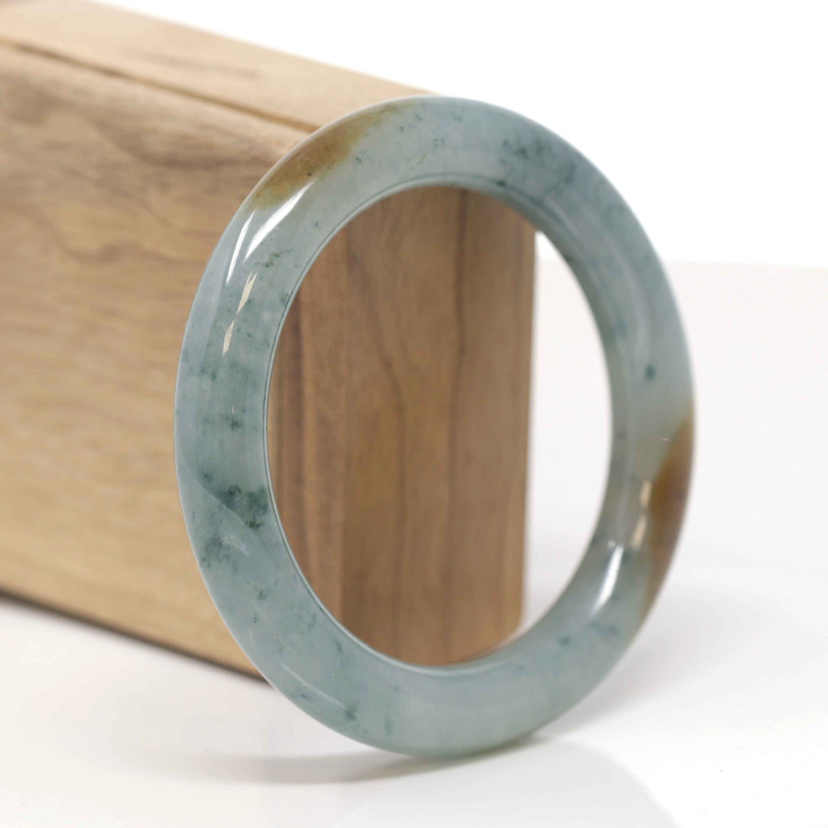 High-End Natural Icy Blue-Green Flower W/ Yellow-Brown Patches Jadeite Jade "Traditional Round" Bangle Bracelet (55.7mm) 