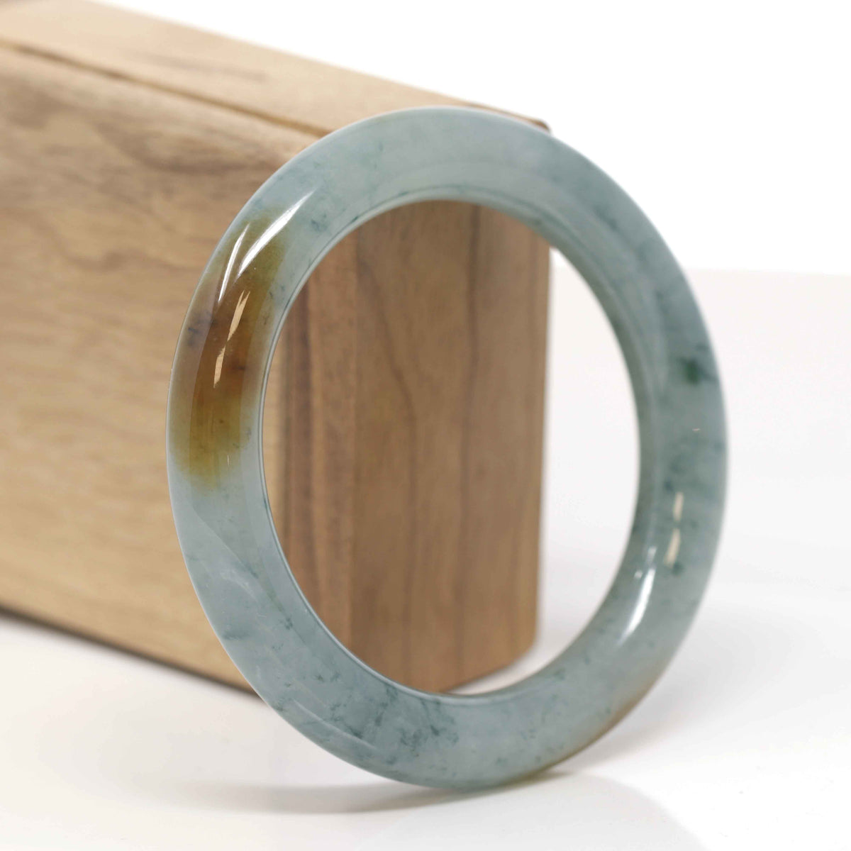 High-End Natural Icy Blue-Green Flower W/ Yellow-Brown Patches Jadeite Jade "Traditional Round" Bangle Bracelet (55.7mm) 