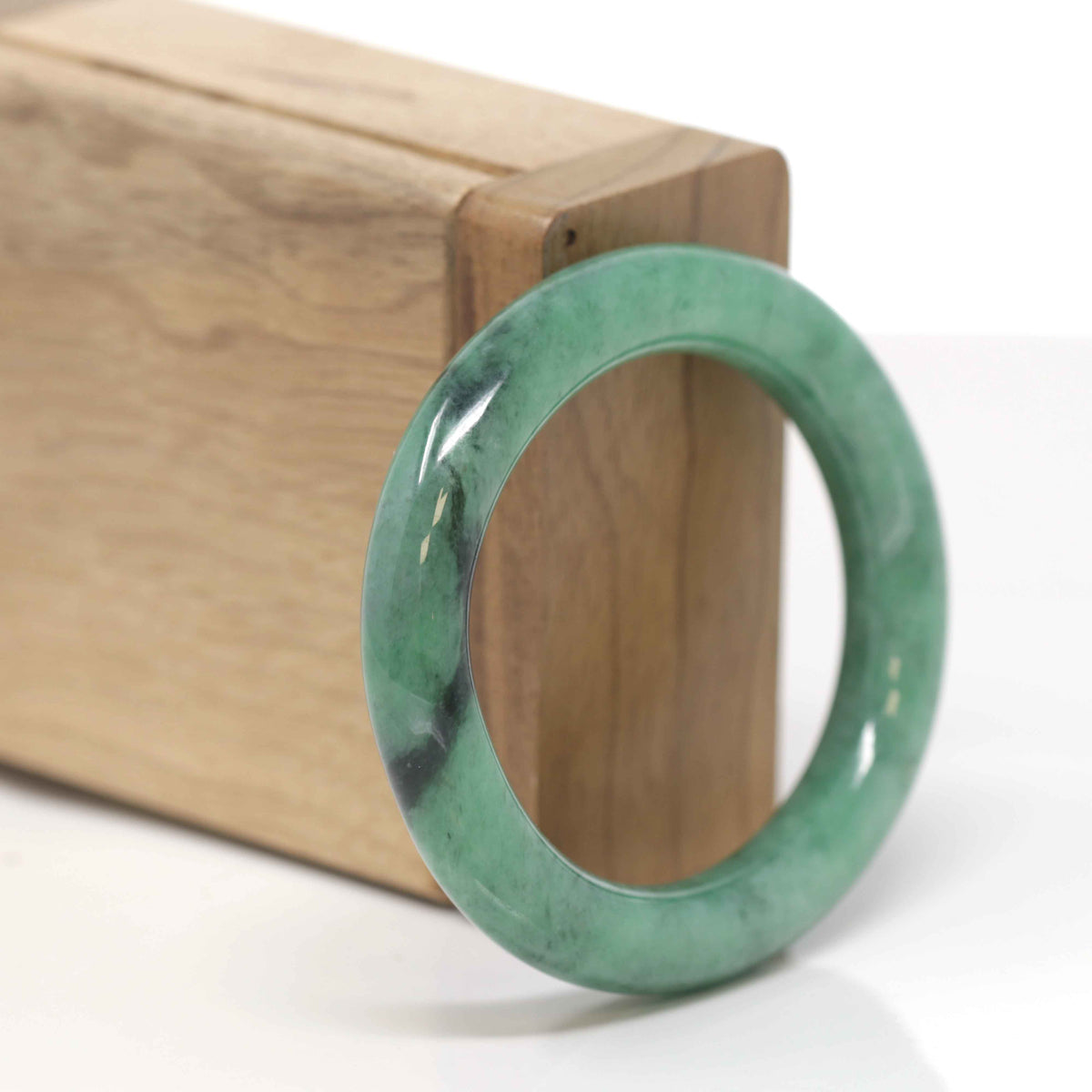 Baikalla Natural Vibrant Forest Green W/ Black Wuji Jadeite Jade "Oval Traditional Round" Bangle (52.2mm) 