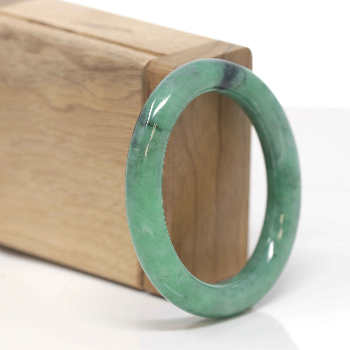 Baikalla Natural Vibrant Forest Green W/ Black Wuji Jadeite Jade "Oval Traditional Round" Bangle (52.2mm) 