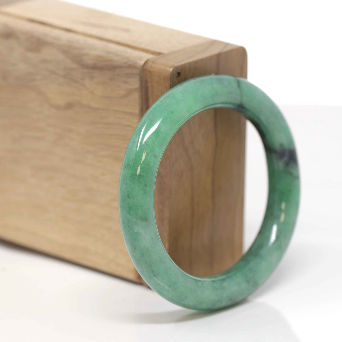 Baikalla Natural Vibrant Forest Green W/ Black Wuji Jadeite Jade "Oval Traditional Round" Bangle (52.2mm) 