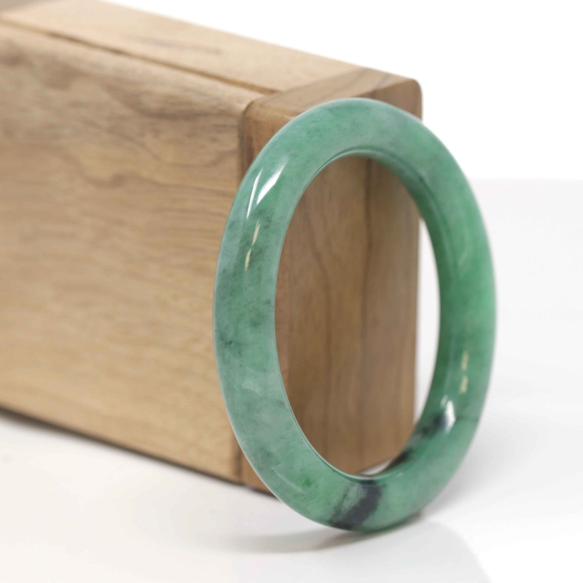 Baikalla Natural Vibrant Forest Green W/ Black Wuji Jadeite Jade "Oval Traditional Round" Bangle (52.2mm) 