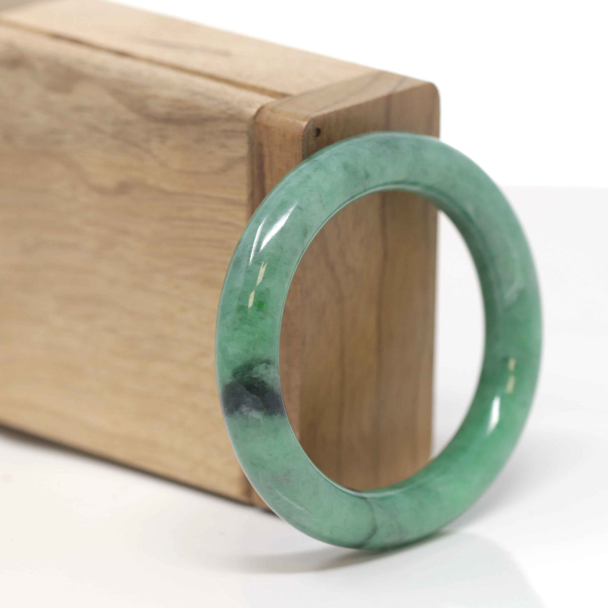 Baikalla Natural Vibrant Forest Green W/ Black Wuji Jadeite Jade "Oval Traditional Round" Bangle (52.2mm) 