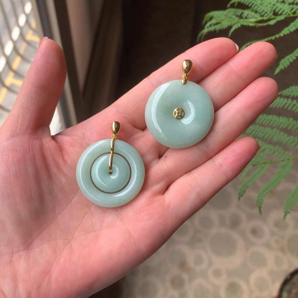 14K Yellow Gold Light Apple Green Jadeite Jade KouKou Pendant Simple Bail