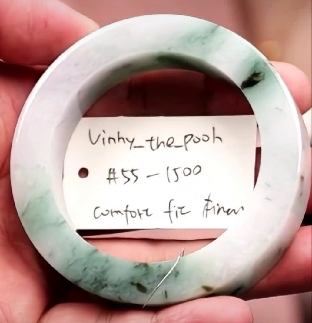 "Live" Natural Light Lavender W/ Green Flowers Semi-Polished Jadeite Jade Bangle (10/22/26). *Final Sale