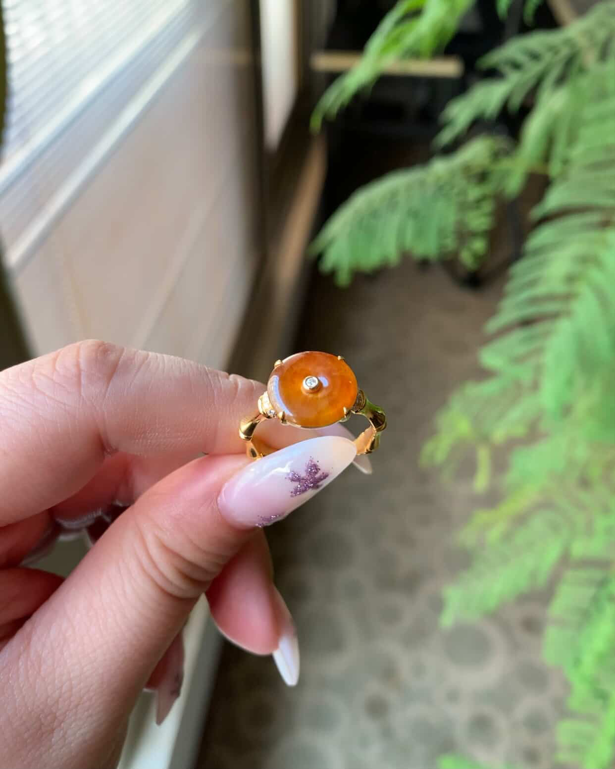 18K Yellow Gold Custom Red KouKou Ring Bamboo Gold Setting