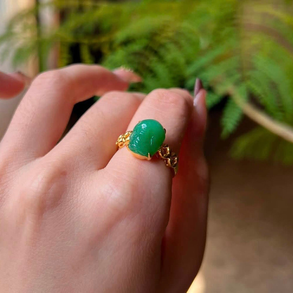 18K Yellow Gold Green Jadeite Jade Pixiu Ring Gold Setting