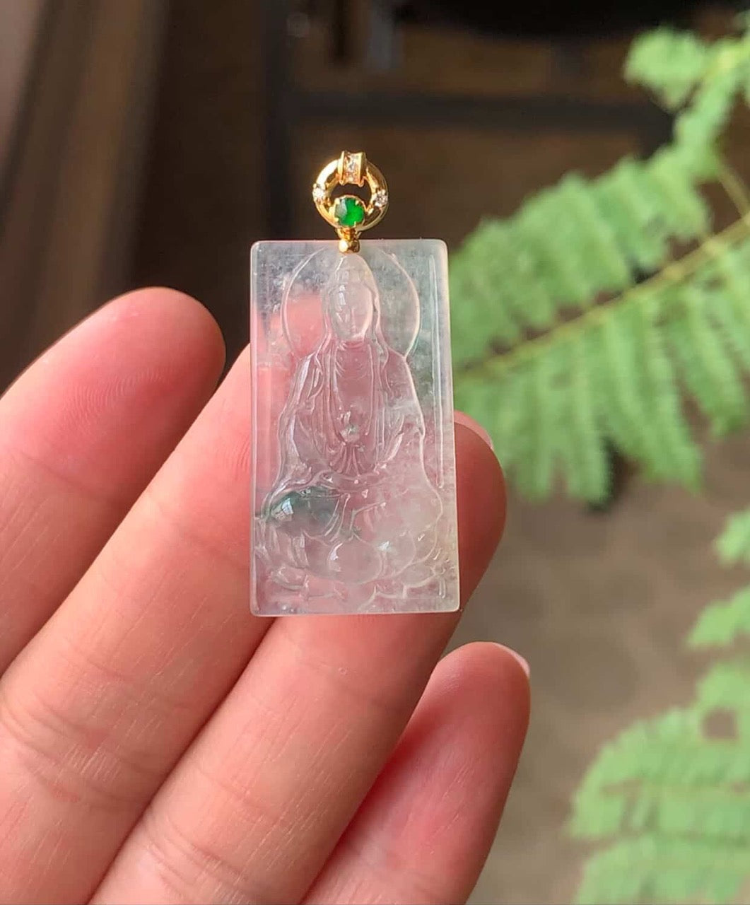 Custom 18K Yellow Gold Icy Green Flower Jadeite Jade Guanyin Pendant Gold Setting (Gold Setting Only)
